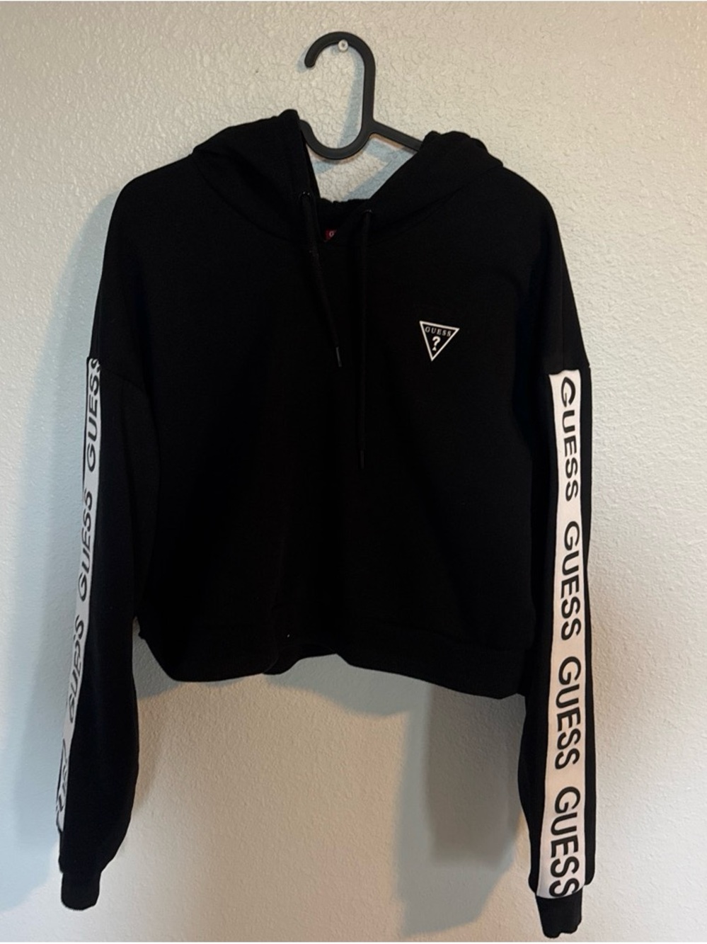 GUESS Black Cropped Hoodie with White Logo Sleeve Tape